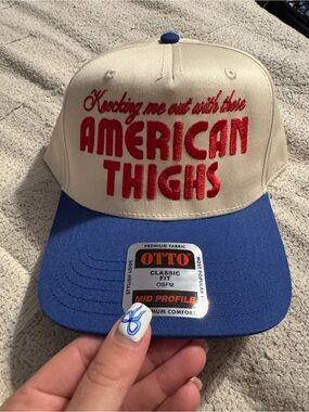 Trucker Hat w/ Red Embroider Slogan “Knocking me out with those American Thighs”